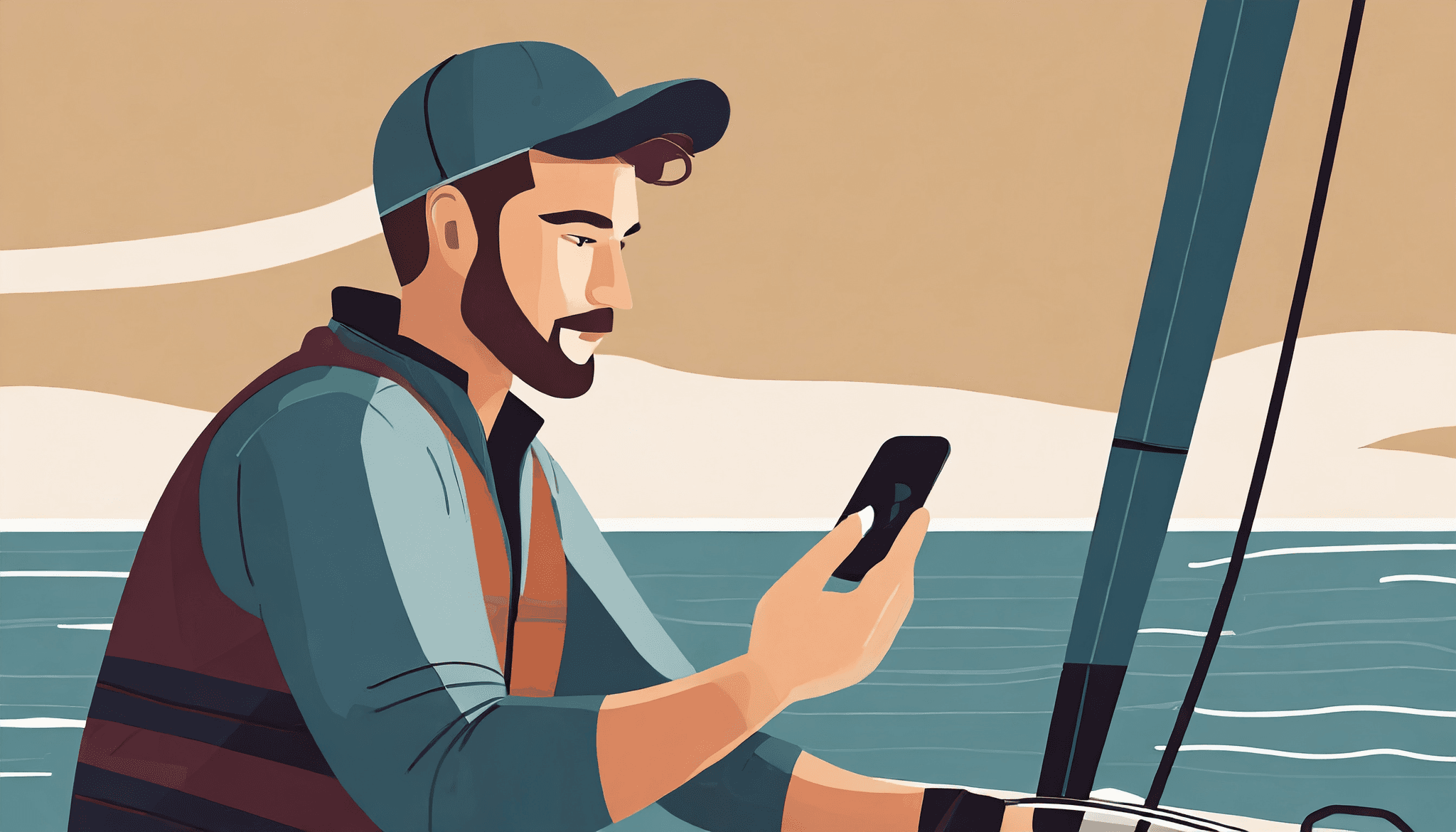 Man looking on his phone on a sailing yacht